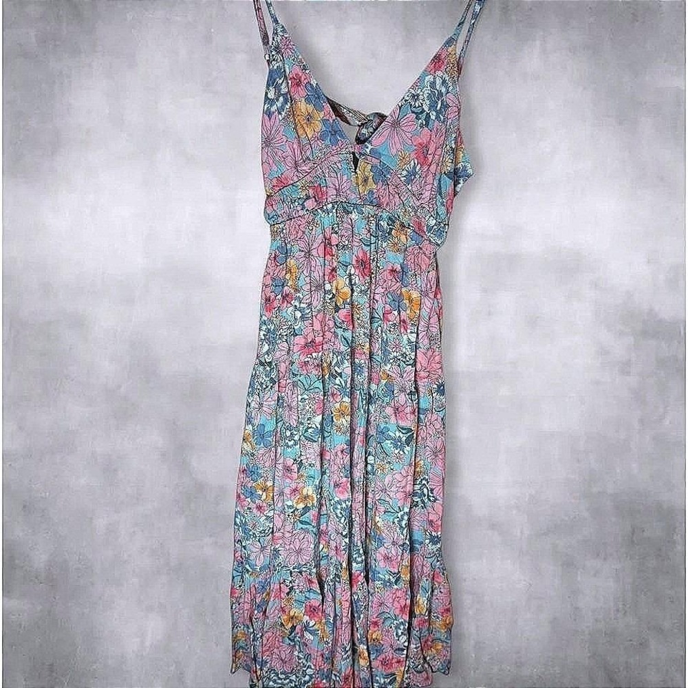 Angie Floral Maxi Dress Blue Pink Boho Smocked Waist Back Cutout Womens Medium